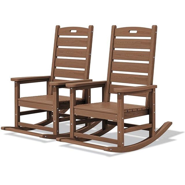 SERWALL Outdoor Rocking Chair Set of 2, Oversized Rocking Chair with Footboard for Adults, HDPE All Weather Resistant Rocking Chairs for Patio, 350lbs Weight Capacity, Brown