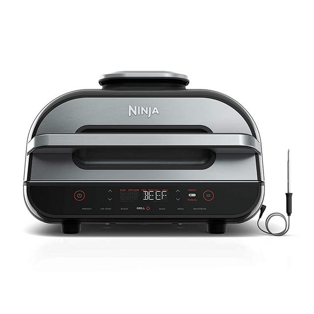 Ninja FG551 Foodi Smart XL 6-in-1 Indoor Grill with 4-Quart Air Fryer Roast Bake Dehydrate Broil and Leave-in Thermometer, with Extra Large Capacity, and a stainless steel Finish