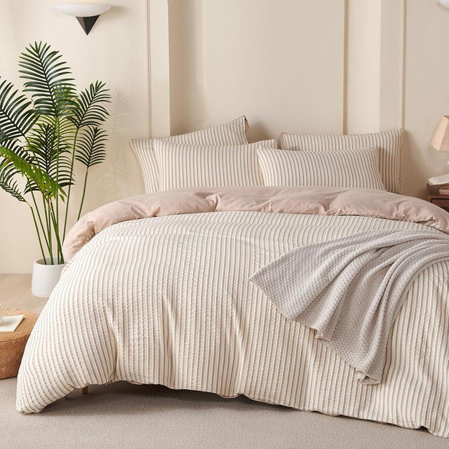 BUPIRD King Comforter Set Striped Beige 100% Soft Washed Microfiber Jacquard 3 Pieces King Striped Bedding Sets Beige White Comforter for All Seasons and 2 Pillowcases Comfort Breathable