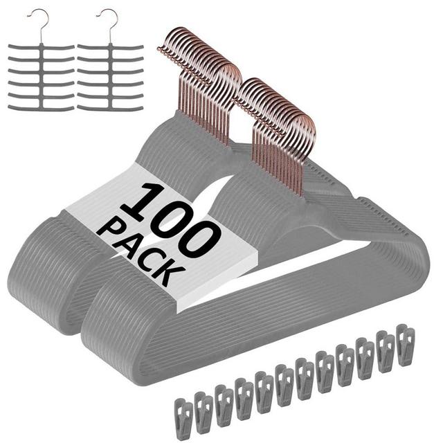 VECELO Premium Velvet Clothes Hangers Suit Heavy Duty (100 Pack)-Non Slip & Space-Saving with 12 Finger Clips & 2 Tie Rack Excellent for Men and Women,Gray
