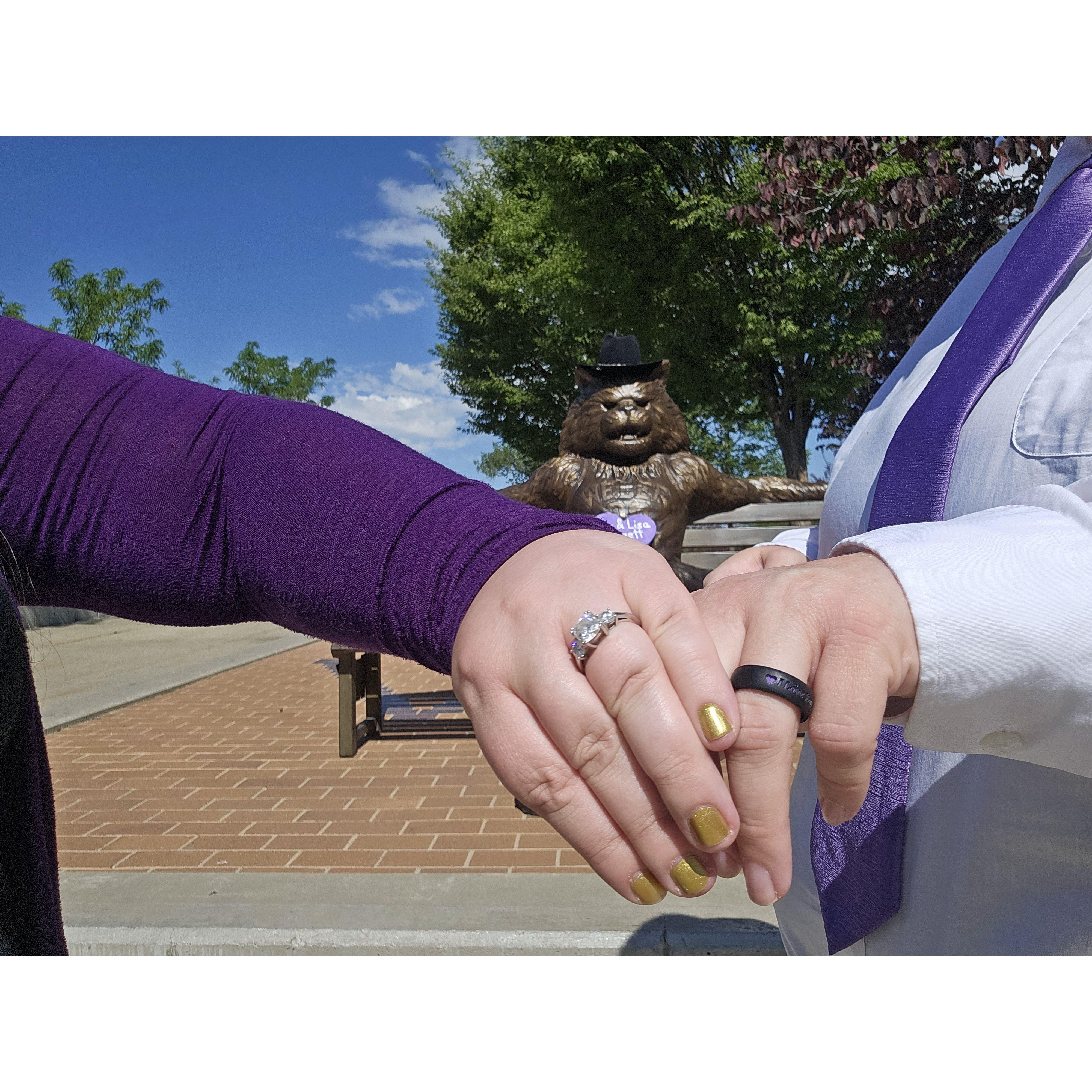 Showing off our engagement rings to Waldo, Weber State's Mascot, he can really rock a cowboy hat