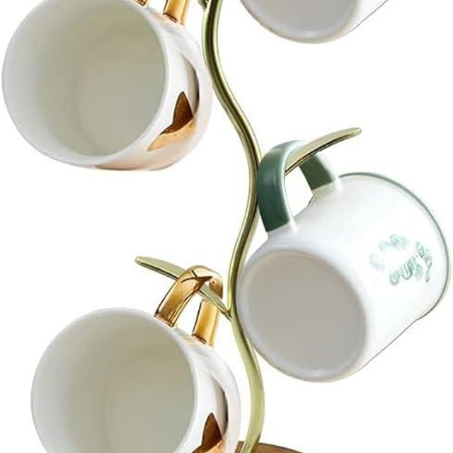 Mi hogar Mug Holder Stand, Countertop Mug Tree, Coffee Pod Holder with Mug Rack, Coffee Counter Bar Accessory & Kitchen Organizer (Single Row-Golden)