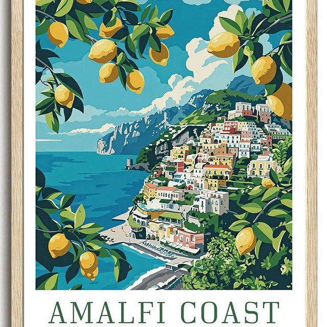 KISSFOX OAK Wood Framed Wall Art Amalfi Coast Wall Decor Italy Canvas Art Coastal Pictures City Paintings Travel Posters Aesthetic Artwork For Bedroom Office Living room