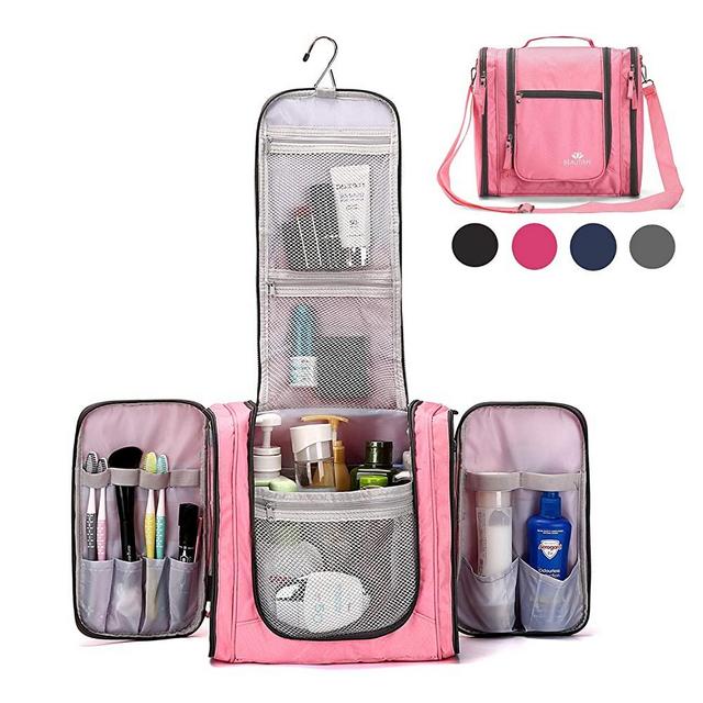 Large Hanging Travel Toiletry Bag for Men and Women Waterproof Makeup Organizer Bag wash bag Shaving Kit Cosmetic Bag for Accessories, Shampoo,Bathroom Shower, Personal Items Pink/Grey