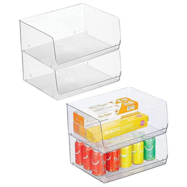 mDesign Extra Wide Stackable Plastic Food Storage Organizer Bin Basket with Open Front for Household Kitchen Cabinets, Pantry, Offices, Closets, Bedrooms, Bathrooms - 15.2" Wide, 4 Pack - Clear