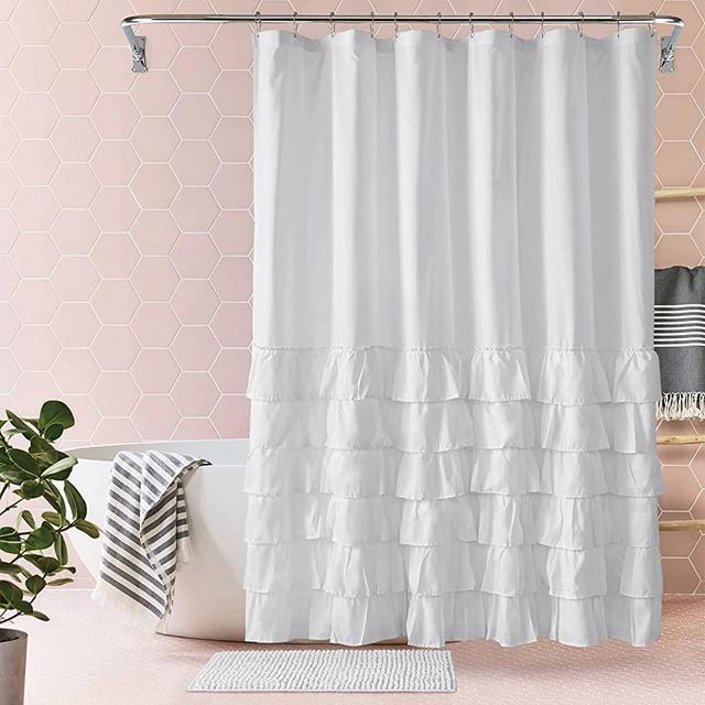 Pack of 2 Farmhouse Shower Curtain White Ruffle Shower Curtain Set with Rugs Vintage Bathroom Decor Shabby Chic with 12 Hooks 72 X 72 Inches