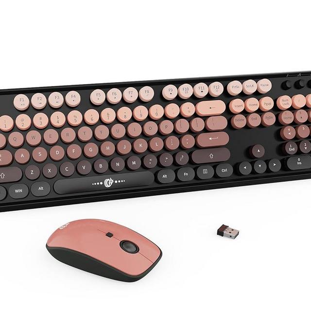 Wireless Keyboard Mouse Combo,104 Round Keys Cute Colorful Keyboard with Retro Typewriter Style,Letton Full Size Keyboard with Number Pad&Mouse with 3 DPI for PC Mac Laptop Computer Windows-Black