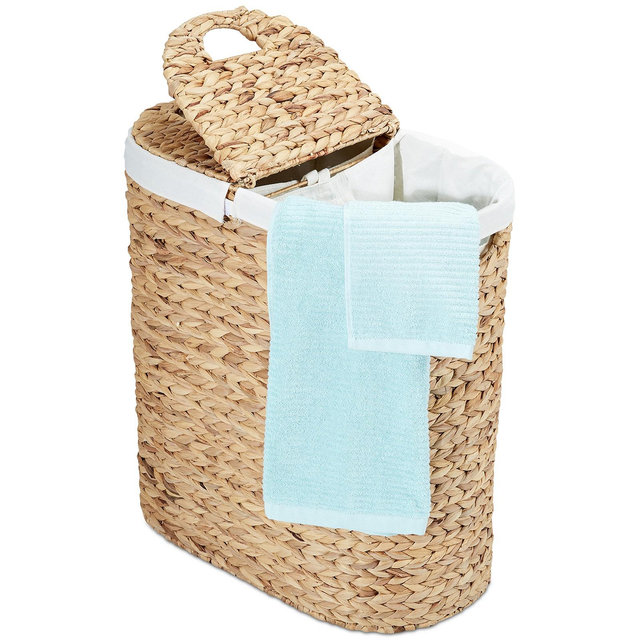 Seville Classics Hand-Woven Natural Wicker Lidded Double Laundry Hamper