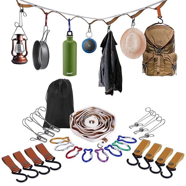 Campsite Storage Strap Camping Accessories, Outdoor Equipment Ten Lanyard Travel Clothesline Camping Essentials with 16 Buckle & 6 Clothespins for Camper Family RV Trailer Travel Tent Hanging Gear