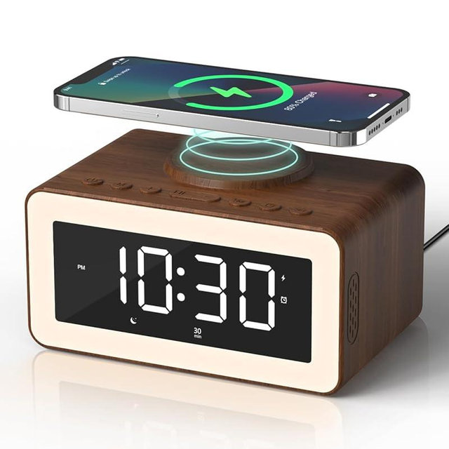 Digital Alarm Clocks for Bedrooms, Bluetooth Speaker, Alarm Clock with Wireless Charging, White/Brown Noise Sound Machine for Sleep with Night Light Wooden Vintage Decor Birthday Gifts for Men, Women