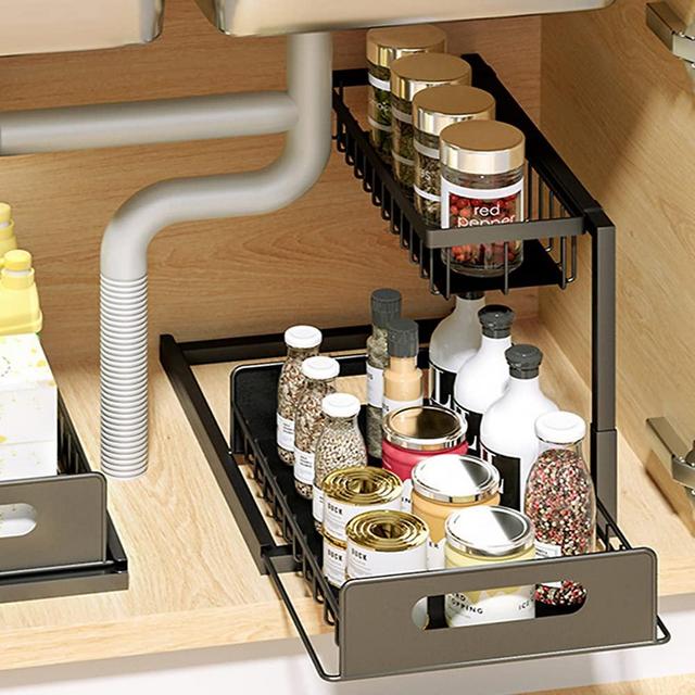 Under Sink Organizer,Under Bathroom Sink Storage 2 Tier Under Sliding Cabinet Basket Multi-Purpose Rack Multi-purpose Bath Collection Baskets for Bathroom Kitchen Countertop and Cabinet, Black