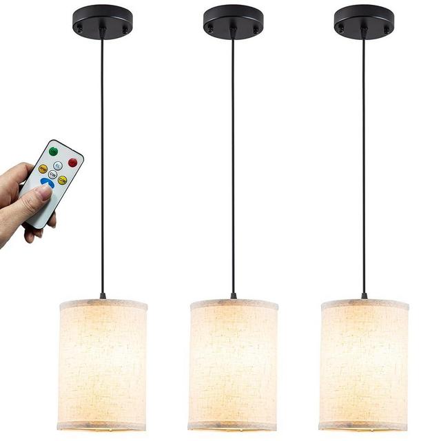 Battery Operated Pendant Light with Remote,Fabric Pendant Lights Kitchen Island 3 Pack No Hardwired,Cordless Hanging Lights for Living Room with 30hrs+Long Life Rechargeable Light Bulbs