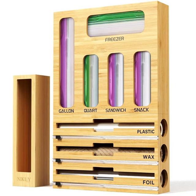 NIKUY Ziplock Bag Organizer with Foil and Saran Wrap Dispenser With Cutter For Kitchen Drawer - 9 in 1 Bamboo Kitchen Organizers and Storage Perfect For Plastic Ziploc Gallon, Sandwich Baggies