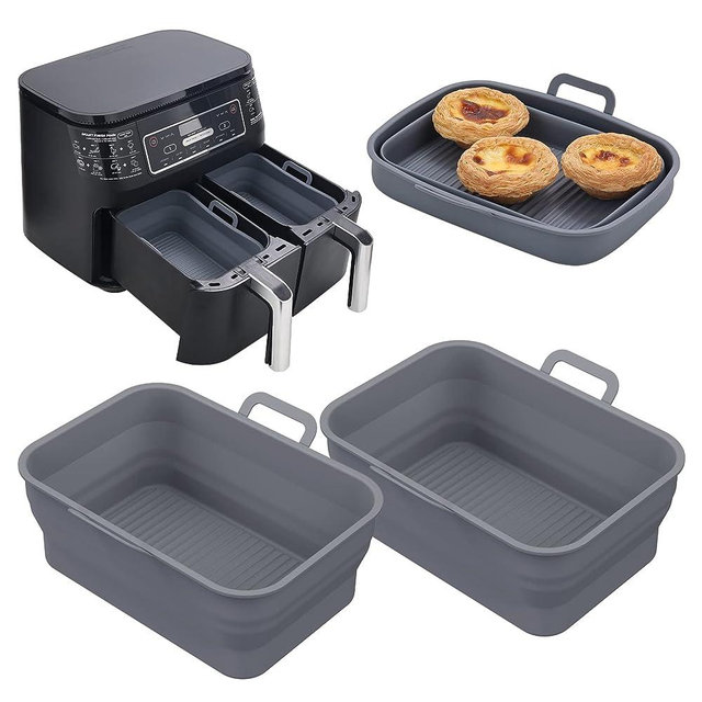 Vangerute Collapsible 2-Pack Air Fryer Silicone Liners for 8QT & 10QT NINJA Foodi Dual Air Fryer, Rectangular Air Fryer Silicone Pot, Reusable Silicone Air Fryer Basket for Air Fryer Accessories(Gray)