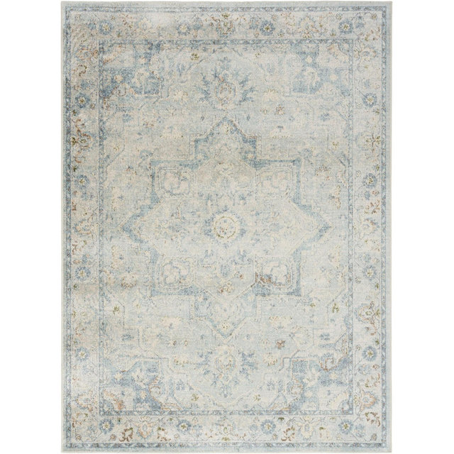 Nourison Astra Machine Washable Vintage Medallion Indoor Rug Light Blue 5'3" x 7'