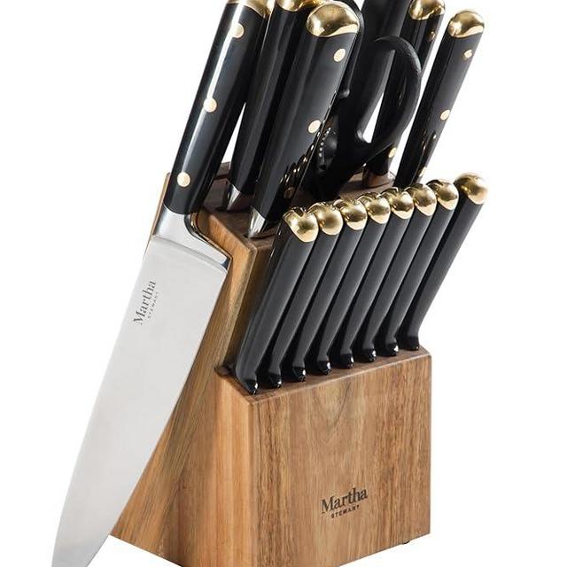 Martha Stewart 16 Piece Lockton High Carbon Stainless Steel Cutlery Kitchen Knife Block Set W/ABS Tripe Riveted Forged Handle Acacia Wood Block - Black W/Gold