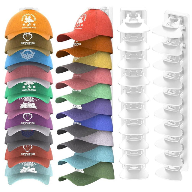 HeQe Hat Organizer for Baseball Caps Hold Up to 40 Hats, 2 Pack Hat Rack for Wall, Strong Adhesive Hat Storage Display Holder(White-2 Pack)
