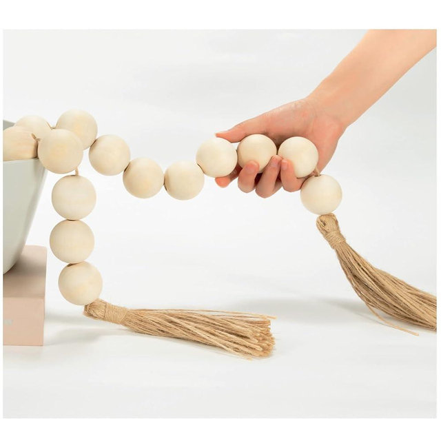 OMISHE Extra Large Wood Bead Garland with 1.6" Diameter Wooden Beads and Tassels, 41" Long Rustic Farmhouse Country Decorative Beads for Home Tiered Tray Decor, Natural Beige