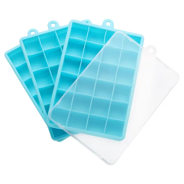 Unique Bargains Silicone Easy Release Ice Cube Trays with Lids 11.5" x 18.5" Light Blue 3 Pcs
