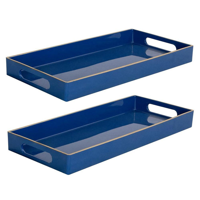MAONAME Royal Blue Vanity Tray Set of 2, Plastic Decorative Tray with Handles, Long Narrow Trays, Rectangular Bathroom Trays for Toilet Tank, 13.8" X 6" X 1.57"