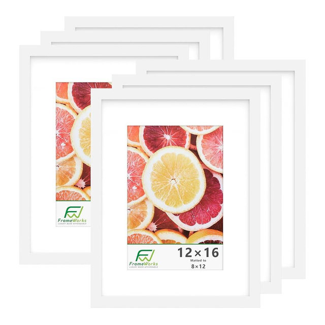 FrameWorks 12x16 mat to 8x12 Classic Wooden Picture Frames With Tempered Glass | White | 6-Pack