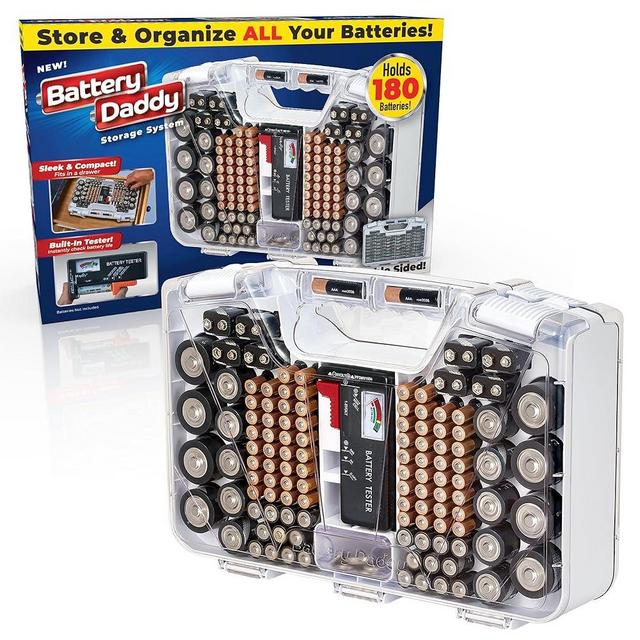 Ontel Battery Daddy - Battery Organizer Storage Case with Tester, Stores & Protects Up to 180 Batteries, Clear Locking Lid, As Seen On TV - White
