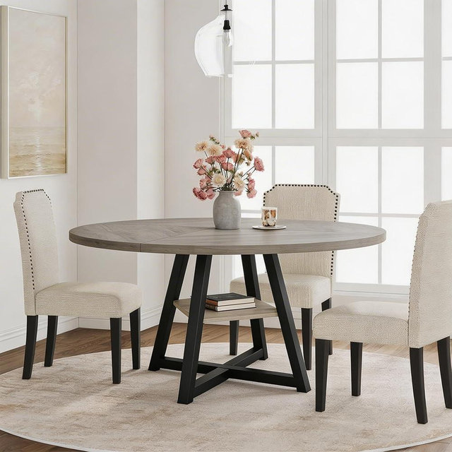 GarveeHome 47" Round Dining Table for 4-6 with Storage Shelf, Industrial Round Kitchen Table with Sturdy Metal Pedestal Base, Circle 4 Dinner Table for Dinner, Kitchen, Dining Room, Living Room