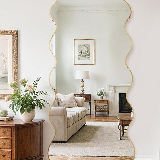 Antok Full Length Mirror, 71"x32" Wavy Mirror Full Length with Stand for Bedroom, Living Room Cloakroom, Gold