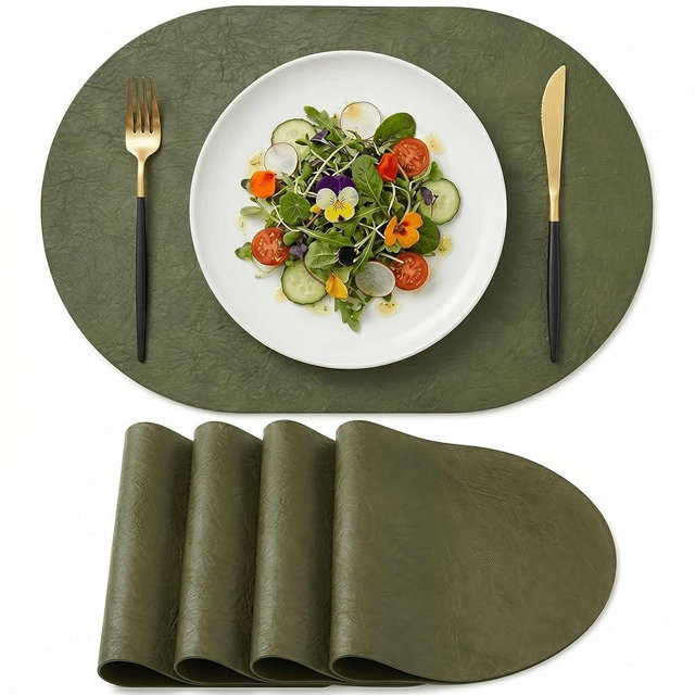 Artoid Mode Olive Green Faux Leather Oval Placemats Set of 4, 12 x 18 Inch Waterproof Wipeable Heat Resistant Vinyl Place Mats, Reversible Table Mats for Kitchen Dining Decor