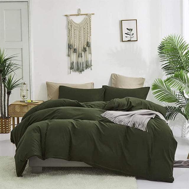 Cottonight Army Green Comforter Set King Dark Green Bedding Comforter Set Plain Blackish Green Cotton Blanket Quilts Modern Soft Breathable 3 Piece Army Green Comforter Set for Women Men King Bed