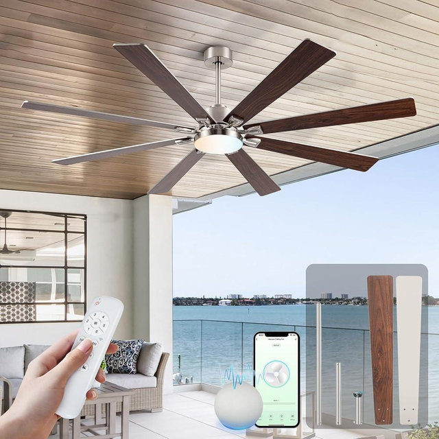 72" Large Smart Ceiling Fans with Light Remote via Wifi Alexa,Brushed Nickel Modern Indoor & Outdoor Ceiling Fan for Patio,Living Room,6 Speed Reversible Quiet DC Motor,3 CCT,Dual Finish Wooden Blades