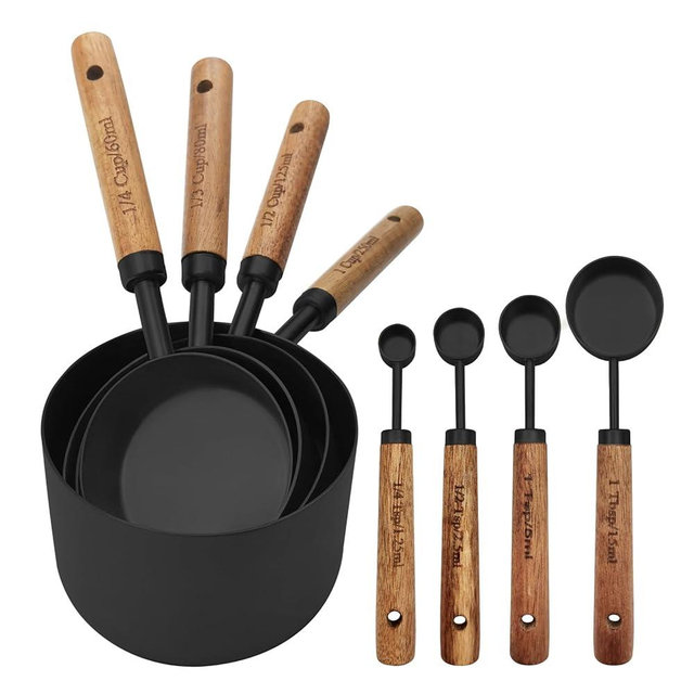 Black Measuring Cups and Spoons Set, Measuring Spoons and Measuring Cup Set for Cooking & Baking with Wood Handle
