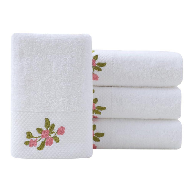Pidada Hand Towels Set of 4 Embroidered Floral Pattern 100% Cotton Absorbent Soft Decorative Towel for Bathroom (White Pattern 3)