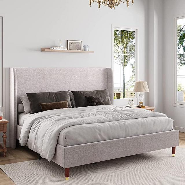 Jocisland King Size Bed Frame 51.2" High Linen Upholstered Platform Bed with Wingback Headboard/No Box Spring Needed/Easy Assembly/Light Grey