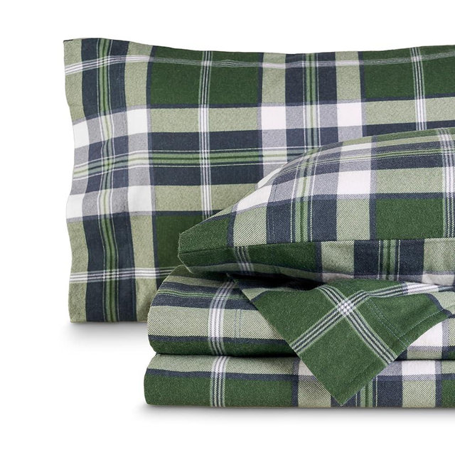 Bare Home Cotton Flannel Sheet Set Prints, 100% Cotton, Velvety Soft Heavyweight - Double Brushed for Softness & Comfort - Deep Pocket - Bed Sheets (King, Enchanted Plaid - Green)