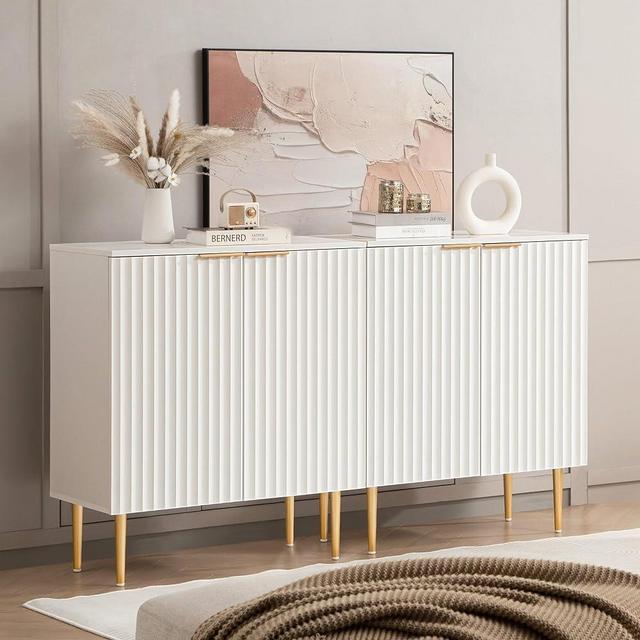 SICOTAS Fluted White Storage Cabinet Set of 2, Wood Sideboard Buffet Cabinet with Spray-painted Finish, Console Table with Wooden Credenza Accent Cabinet for Living Room, Dining Room, Entryway