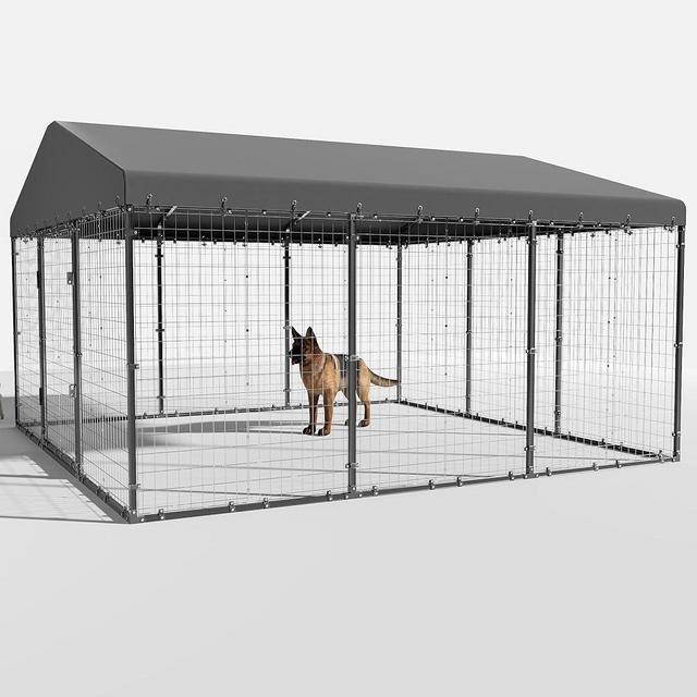 ASJMR Large Outdoor Dog Kennel,W 118" x D 118" x H 70" Heavy Duty Dog Cage with Roof,Dog Playpen Galvanized Steel Dog Fence with Double Safety Locks,UV & Water Resistant Proof Cover