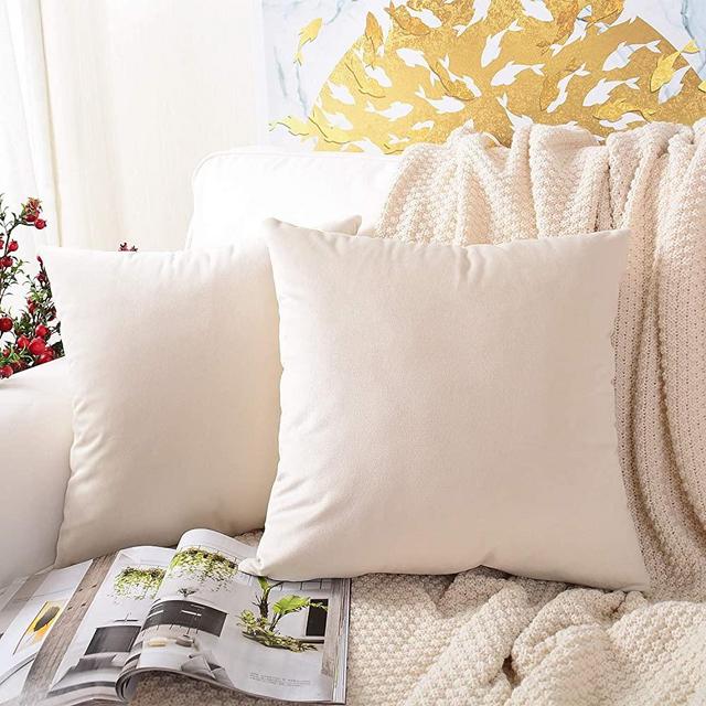 MERNETTE Pack of 2, Velvet Soft Decorative Square Throw Pillow Cover Cushion Covers Pillow case, Home Decor Decorations for Sofa Couch Bed Chair 18x18 Inch/45x45 cm (Cream)