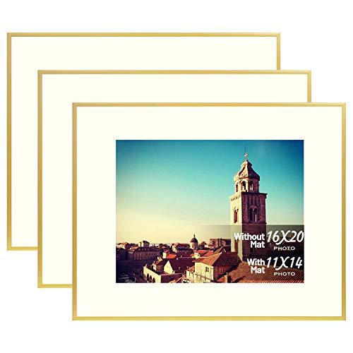Golden State Art, Set of 3,Metal Wall Photo Frame Collection, Aluminum Gold Photo Frame with Ivory Color Mat for Picture & Real Glass (16 x 20) (3)
