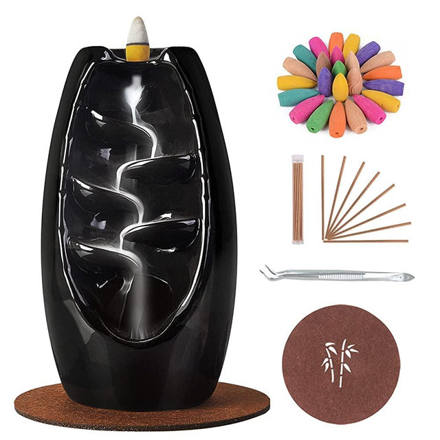 SPACEKEEPER Backflow Incense Holder Ceramic Incense Burner Waterfall, Aromatherapy Ornament Home Decor with 120 Backflow Incense Cones & 30 Incense Stick, Jet Black