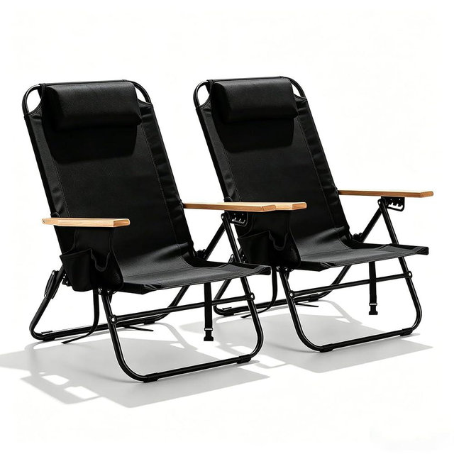 Canpsky 2 Pack Lightweight Portable Recliners Chair for Adults, Outdoor Lay Flat Folding Beach Chairs with 5 Positions, Backpack Beach Chair with, Zipper Pouch, Cup Holder, No Towel Bar, Black