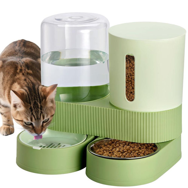 2 Pack Automatic Cat Feeder Stainless Steel Water Dispenser Gravity Food Feeder and Waterer Set with Pet Food Bowl for Small Medium Kitten Puppy Pets Large Capacity(Green)