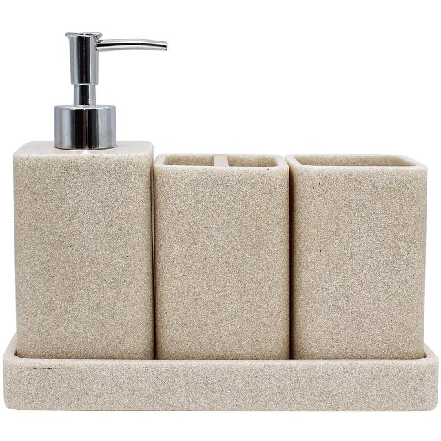 YMXYJM Bathroom Accessories Set, 4 Pcs Bathroom Accessory Set, Soap Dispenser, Toothbrush Holder, Qtip Holder Set, Bathroom Sets Complete, Bathroom Sink Set for Modern Home, Beige