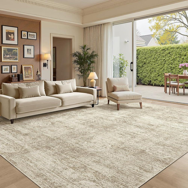 Madane 8x10 Area Rugs for Living Room, Soft Vintage Beige Area Rug with Non Slip Backing, Washable Non-Shedding Low Pile Print Floor Carpet for Home Office Decor