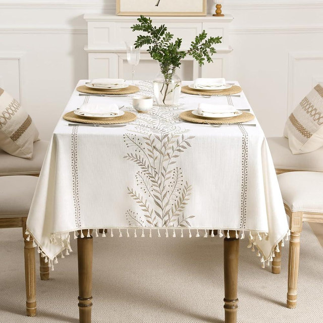 GRASiMOSY Boho Tablecloth Rectangle,Fall Linen Cotton Tablecloth with Tassels, Heavy Duty Table Cloth with Grey Wheat, Floral Farmhouse Table Cover Cloth Decorative for Kitchen Dining (55x87 Inch)