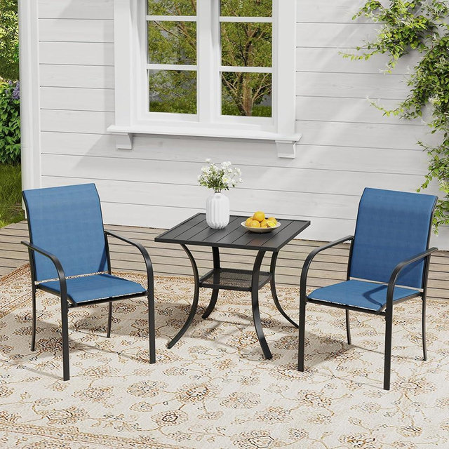 VICLLAX Outdoor Dining Set for 2, Small Patio Table and Chairs Set of Stackable Patio Sling Chairs and Square Dining Table for Front Porch, Blue Fabric and Black Table