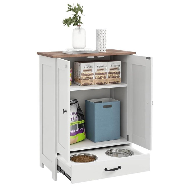 PawHut Dog Food Storage Cabinet, Dog Feeding Station with 2 Hidden Dog Bowls, Adjustable Panel, Hook, Pet Feeding Station for Medium Sized Dogs, White