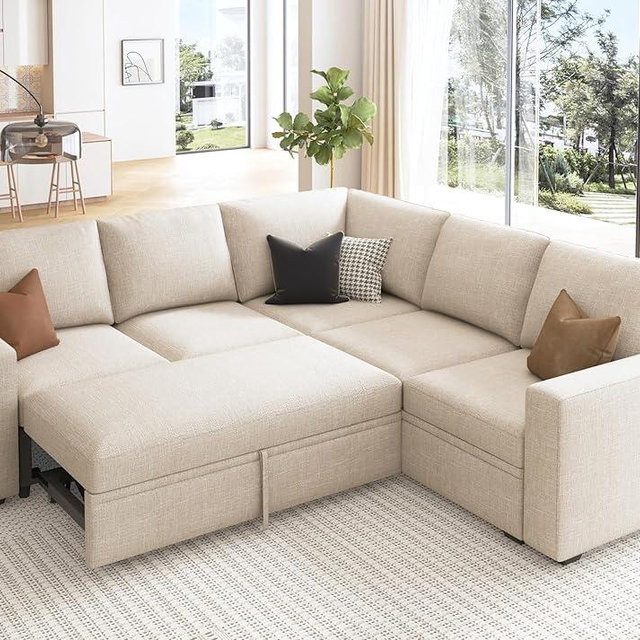 HONBAY Modular Sectional Sleeper Sofa with Pull Out Bed, L Shaped Couch with Storage Seat, Convertible Sectional Couches for Living Room, Beige