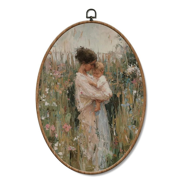 Yorhifa Vintage Cottagecore Motherhood Framed Wall Art, Cottagecore Nursery Oval Wall Art, Impressionist Oval Walls Decor, Cottage Core Wildflower Canvas Artwork Hanging Decor, 8.5x11.5in