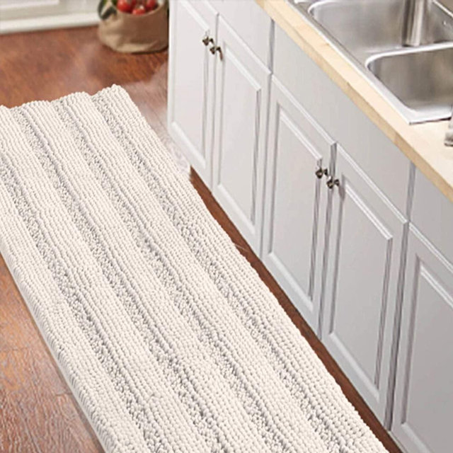 Non Slip Shaggy Chenille Microfibers Bathroom Rug Black Bathroom Mat Extra Long Bath Rug 59 x 20 Kitchen Rugs and Mats, Super Water Absorbent & Soft Washable Bath Rug for Bathroom, Ivory White